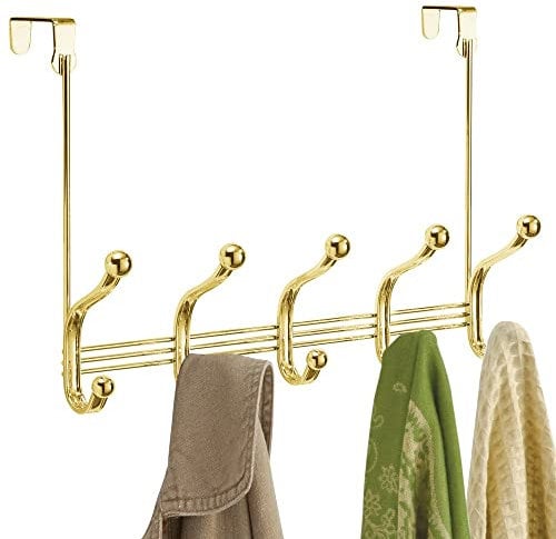 iDesign York Lyra Garderobenleiste mit 5 Doppelhaken, Türgarderobe für Jacken, Schals, Taschen, Handtücher etc. aus Metall, goldfarben, 39.37 x 13.34 x 27.94 cm
