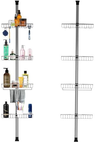 Blue Canyon 4 Tier Stainless Steel Shower Caddy, No Drill Bathroom Shelf, Telescopic Shower Caddy, Powder Coated Adjustable Shelves for Soap, Shampoo, Corner Shelf, Bathroom Organizer, Silver