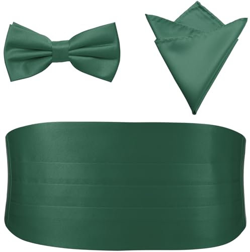 PenSee Vorgebundene Fliege für Herren, Einstecktuch und Kummerbund, 042-hunter green, Medium