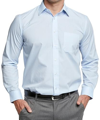 Double Two Men's Shirts Long Sleeve Smart Casual Regular Fit Wedding Work Cotton Blend Light Blue Shirt - Collar 15.5, Chest 40