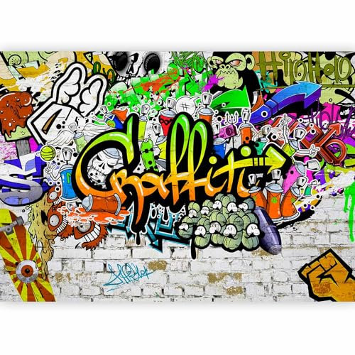 Papier peint murando panoramique artistique 350x256 cm - Revêtement mural décoration chambre salon - Design moderne - Gris marron jaune - Artistique graffiti coloré mural urbain f-A-0348-a-d