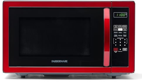 Farberware Forno a microonde da 1000 W, 1,1 cu ft - Forno a microonde con illuminazione a LED e blocco per bambini, perfetto per appartamenti e dormitori, facile da pulire, rosso metallizzato