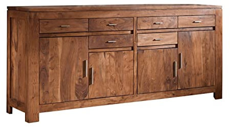 Massivmoebel24.de | Shaman massives Sideboard | golden Honey - lackiert | Akazienholz | 4 Türen - 6 Schubladen | 200x45x90 | + Metallgriffe | Kommode Tv-Sideboard Wohnzimmer-Schrank