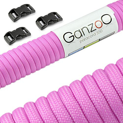 Ganzoo Set Paracord 550 Seil mit 3 x Klickverschluss 3/8“ 10mm Gurt/Schnur 4mm, Nylon - Polyester, Typ 3, 30 Meter, Outdoor-Schnur, Allzweckseil, Armband knüpfen, basteln, pink 2