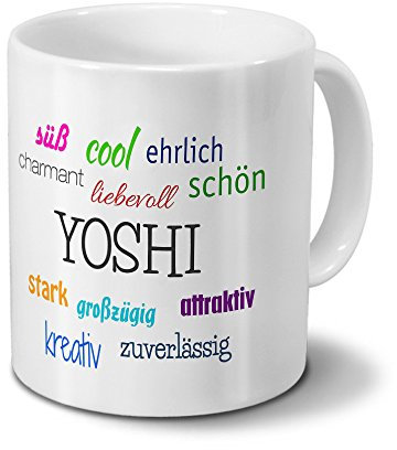 digital print Tasse mit Namen Yoshi - Motiv Positive Eigenschaften - Namenstasse, Kaffeebecher, Mug, Becher, Kaffeetasse - Farbe Weiß