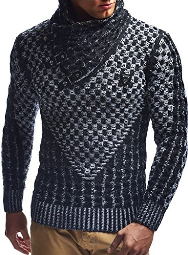 LEIF NELSON Herren Strick-Pullover | Strick-Pulli mit Schalkragen | Moderner Woll-Pullover Langarm-Sweatshirt Slim Fit mit Schnallen, L, Schwarz-ecru