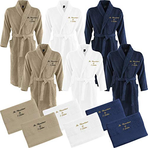 Nashville print factory 2 x Bademantel + 2 x Duschtuch bestickt mit Name Partner-Look Sauna Hotel Morgenmantel | 3 Farben (S/M, navy)