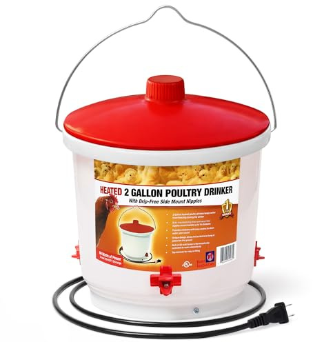 Farm Innovators Heated Waterer with Lid, 60W Hanging Water Dispenser - 2 Gallon Poultry Drinker Bucket with Red Top for Chickens, Turkeys, and Geese