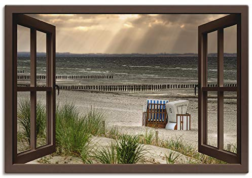ARTLAND Wanddeko Leinwand Bilder Wandbild 130x90 cm Fensterblick Fenster Strand Düne Meer Maritim Strandkorb Küste Insel T6AL