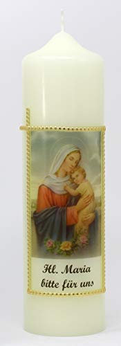 Marienkerze Stumpenform elfenbein 25x7 cm - 3617 - Gedenkkerze mit Spruch Hl. Marie bitte für uns