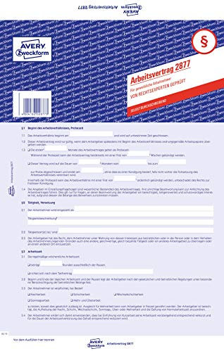 AVERY Zweckform 2877 Arbeitsvertrag für gewerbliche Arbeitnehmer (Vertrag, 3-seitiges Formular in A4, selbstdurchschreibend) blau