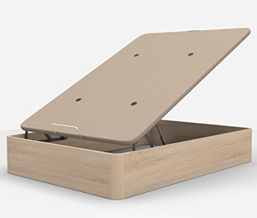 DORMIDAN - Canapé abatible de Gran Capacidad con Esquinas Redondeadas en Madera, Base tapizada 3D Transpirable + 4 válvulas aireación (Roble, 135x190cm)