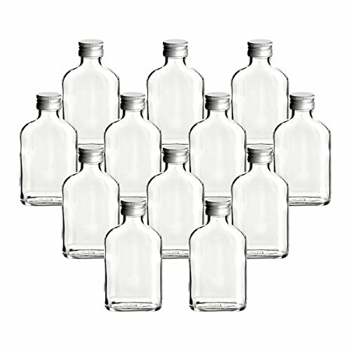 gouveo 12er Set Glasflaschen 100 ml Flachmann mit Schraubverschluss silberfarben - Kleine Flasche 0,1 l zum Befüllen - Leere Schnapsflaschen für Likör, Whisky, Gin, Brandy, Cognac (FF100S)