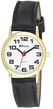 Ravel - Unisex - Armbanduhr mit großen Ziffern - Schwarzes/goldfarbener Ton/weißes Zifferblatt
