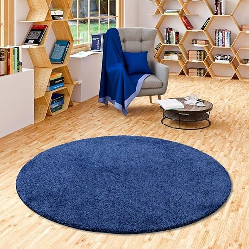 Palace Hochflor Shaggy Teppich Dunkelblau Rund in 7 Größen