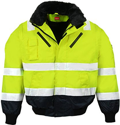 LeiKaTex Warnschutz-Pilotenjacke Winter gefüttert 4 in 1 Funktion mit Kapuze, Winddicht & Wasserabweisend für Herren und Damen (L, Neongelb/Marine)