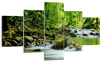 Mehrteilige Bilder auf Leinwand Stream Wald Natur Leinwandbild 125x70cm Wandbilder Dekoration Wohnzimmer Schlafzimmer Set 5 teilige Klein Wanddeko Bild Wand Kunstdruck Art Decor Canvas EA125x70-0174