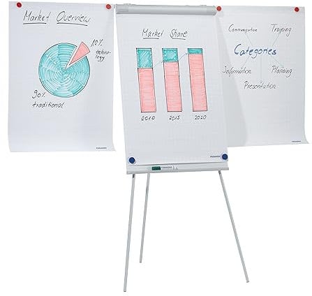 FRANKEN Flipchart, Beschreibbar, Magnetisch, Mit 2 Seitenarmen, Dreibeinstativ, 68 x 105 cm, Höhenverstellbar, inkl. Papierhalterung und Stifteablage, ECO Standard, F2100/N