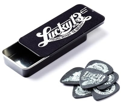 JIM DUNLOP Plektrum Lucky 13 serie III, Schachtel aus Metall mit 6 Stück, 0,73mm, Lucky2, Schwarz