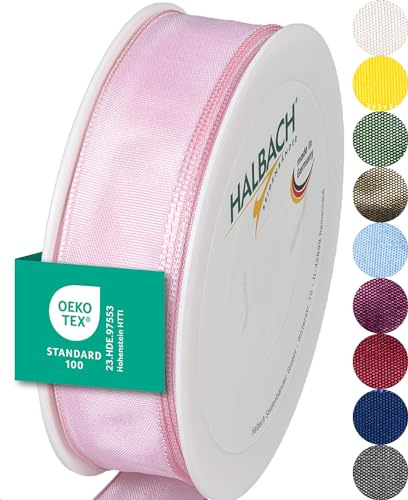Halbach Geschenkband mit Drahtkante, 25 mm x 25 m, hellrosa | Taftband mit formbarer Drahtkante aus 100% Acetat, Made in Germany, Öko-Tex 100 zertifiziert, wetter-/wasserfest