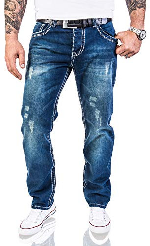 Rock Creek Herren Designer Jeans Hose Dicke Nähte Vintage Herrenjeans Stonewashed Regular Fit Used Look RC-2056 Blau W44 L38