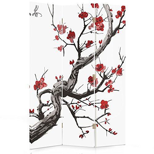 Feeby Paravent Japanische Kirsche 110x150 cm 3 Teilig Modern Design einseitig Raumteiler Wandschirme Foto Trennwand Raumtrenner Sichtschutz Spanische Wand auf Leinwand Bedruckt Weiß Rot Schwarz