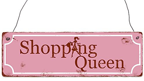 Interluxe Vintage Shabby Holzschild Dekoschild Shopping Queen 2 Schild mit Spruch Frau Türschild