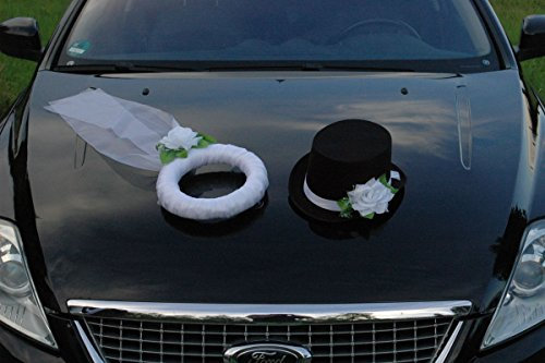 Schleier UND Hut Autoschmuck Rose Car Dekoration Hochzeit Wedding ®Auto-schmuck (Reinweiß)