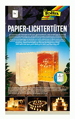 folia 11904 - Lichtertüten aus schwer entflammbarem Papier, Floral, 5 Stück je ca. 19 x 11,5 x 7 cm groß, stimmungsvolle Tischdekoration, für Gartenpartys, Geburtstage, Hochzeiten