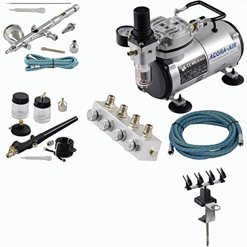 Agora-Tec® Airbrush Komplett-Set EXPERT XV.3, Komplettsystem für Airbrushanwendungen, inkl. Kompressor mit 4 bar und 20l/min + 2 Airbrushpistolen mit 0,2 & 0,3 & 0,8mm Nadeln/Düsen + regelbaren 4-fach Luftverteiler + 4fach-Halter + 2 Schläuche + Adapter