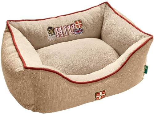 HUNTER Hundesofa UNIVERSITY, gemütliches Hundebett im College-Look, weiches Kuschelsofa mit Wendekissen, erhöhter Rand, Bezug waschbar, Farbe: beige, Größe: S