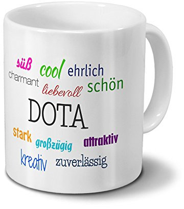 Tasse mit Namen Dota - Motiv Positive Eigenschaften - Namenstasse, Kaffeebecher, Mug, Becher, Kaffeetasse - Farbe Weiß