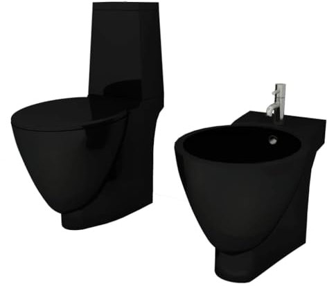 vidaXL Set de Inodoro y Bidé Suelo Pie Cerámica Negro WC Váter Retrete Bidet