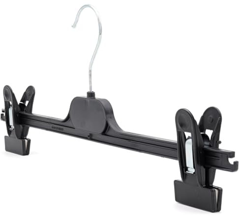 The Hanger Store 12 Strong Black Plastic Hangers With Adjustable Clips - Non-Slip, Rotatable Hook, Gentle on Clothes - Ideal for Organizing Trousers, Skirts, Jeans, Towels, and Sheets in Your Wardrobe