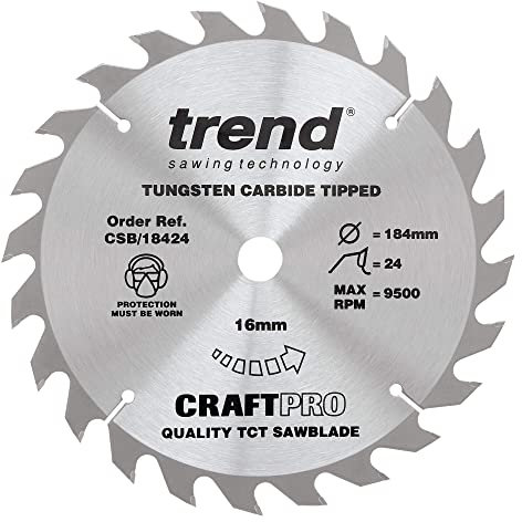 Trend Wood Circular Saw Blade, 184mm Diameter, 16mm Bore, 24 Teeth, 2.6mm Kerf, +15° Hook, TCT, Medium Finish, CSB/18424