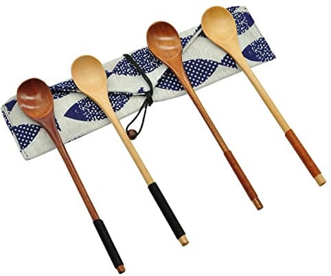 Petite Cuillere en Bois de Cuisine, 4 pièces Naturel Long Manche Polyvalent Cuillère en Bois, Cuillère à Miel, Cuillère à Café, Cuillère à Thé, Pour Mélanger