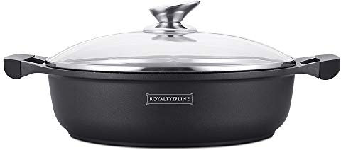 Royalty Line - RL-BR28M - Faitout Bas avec Revêtement Marbre, Couvercle en verre, Induction, 4 Litres, 28 cm, Noir