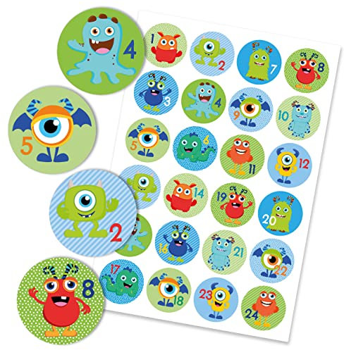 Papierdrachen 24 Adventskalender Zahlen Sticker - Monster Nr 29 - Aufkleber 4 cm - zum Basteln und Dekorieren - von Papierdrachen