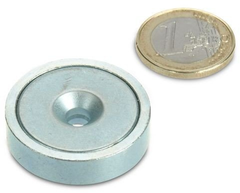 Neodym Flachgreifer Ø 32,0 x 8,0 mm mit Senkung hält 30 kg, Topfmagnet verzinkter Stahltopf, Magnet mit Senkbohrung zum Anschrauben, Werkstattmagnet