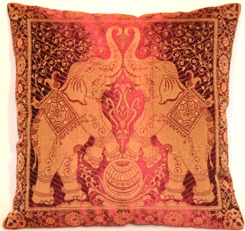 Rani/Rosa Indische Banarasi Seide Deko Kissenbezüge 40 cm x 40 cm, Extravaganten Elefant Design für Sofa & Bett Dekokissen, Kissenhülle aus Indien (Angebot gültig nur für ein Woche)