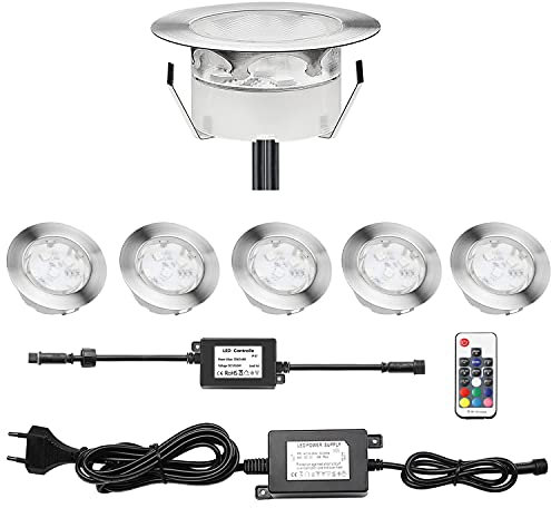 CHNXU Treppen Bodeneinbaustrahler 6er Set, RGB Farbwechsel-LED Terrasse Licht IP67 Wasserdicht, Ø60mm Aussen Einbauleuchten, DC 12V 1W für Küche und Garten