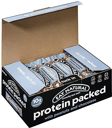Eat Natural Protein Bars, Protein Packed Peanuts & Chocolate Nut Bar — 20 x 45g Snack Bars, Gluten Free Cereal Bars — Seriously Crunchy Snacks With Soya Crispies, Shredded Coconut
