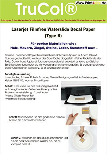 10 sheets of water slide decal paper transfer foil A4 transparent for laser printer copier (only the print is transferred - no foil) for porous materials (wood, masonry, bricks, bricks, leather, plastic ....)