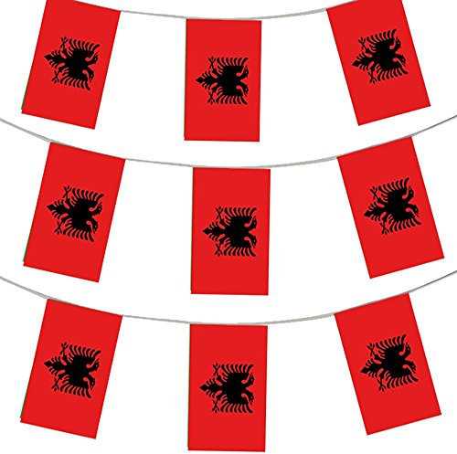 Albanische Flagge, 10 Meter, Wimpelkette, Albanien, Party, Euro-Dekoration, groß, 20 x 30 cm, wetterfest, Kunststoff, Albanien-Flagge, Veranstaltungs-Banner, Schule, Nationaltag, Albanisches Thema.