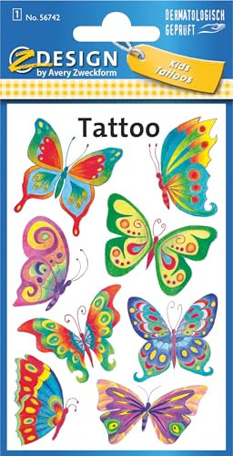 AVERY Zweckform 56742 Temporäre Tattoos für Kinder - 8 Stück Schmetterling, Wasserfest, Klebetattoos für Kindergeburtstag, Mitgebsel, Partyspiele, Mädchen