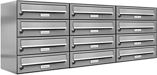 AL Briefkastensysteme 12er Briefkastenanlage aus V2A Edelstahl, Premium Briefkasten DIN A4, 12 Fach Postkasten modern Aufputz
