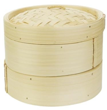 Vogue Panier vapeur en bambou 200 mm de diamètre, couleur bois de bambou naturel, design à 2 niveaux, couvercle hermétique, cuisine asiatique, K303
