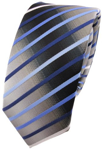 TigerTie Schmale Krawatte blau hellblau silber grau weiß schwarz gestreift - Schlips Binder Tie