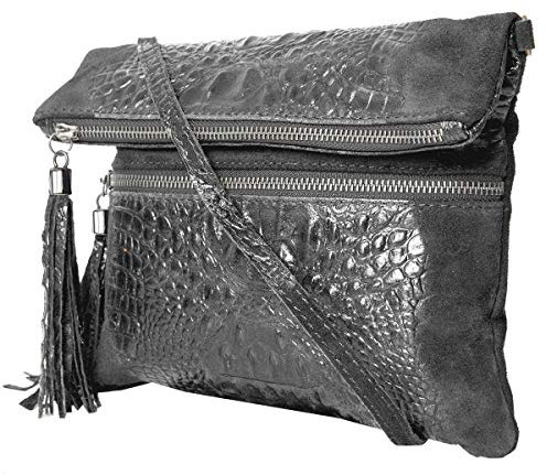 zarolo Damen Leder Clutch, Umhaengetasche, Schultertasche, Cross Body Minibag echtes Leder, Glattleder & Kroko-Optik, Handtasche Italienische Handarbeit M2080