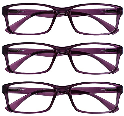 OPULIZE PEP Lesebrille für Damen und Herren - 3er Pack - Große Rechteckige Brille - Komfortable Federscharniere - Kratzfest - Durchsichtig Lila - UVR +3.50